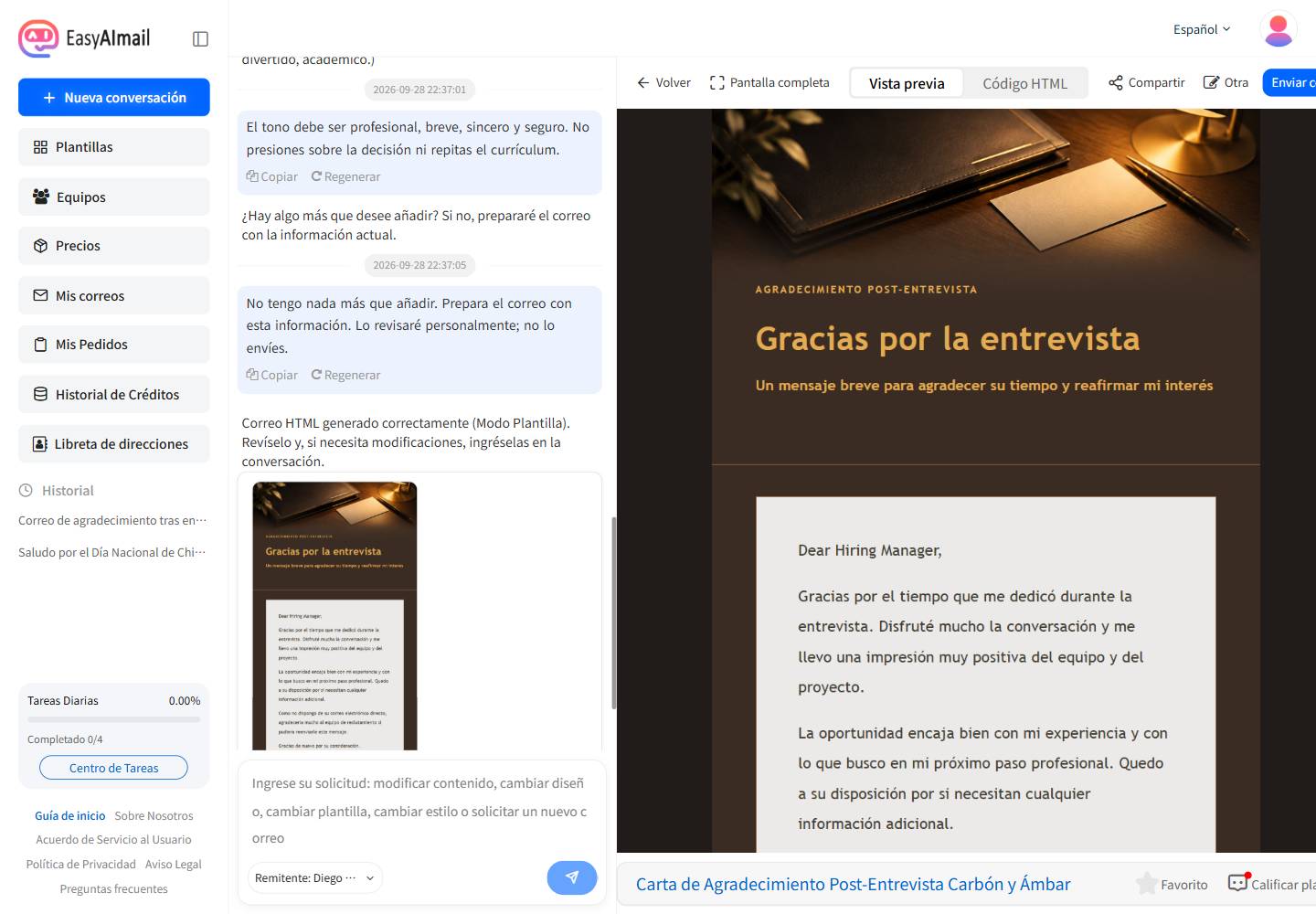 Vista previa del correo de agradecimiento después de una entrevista