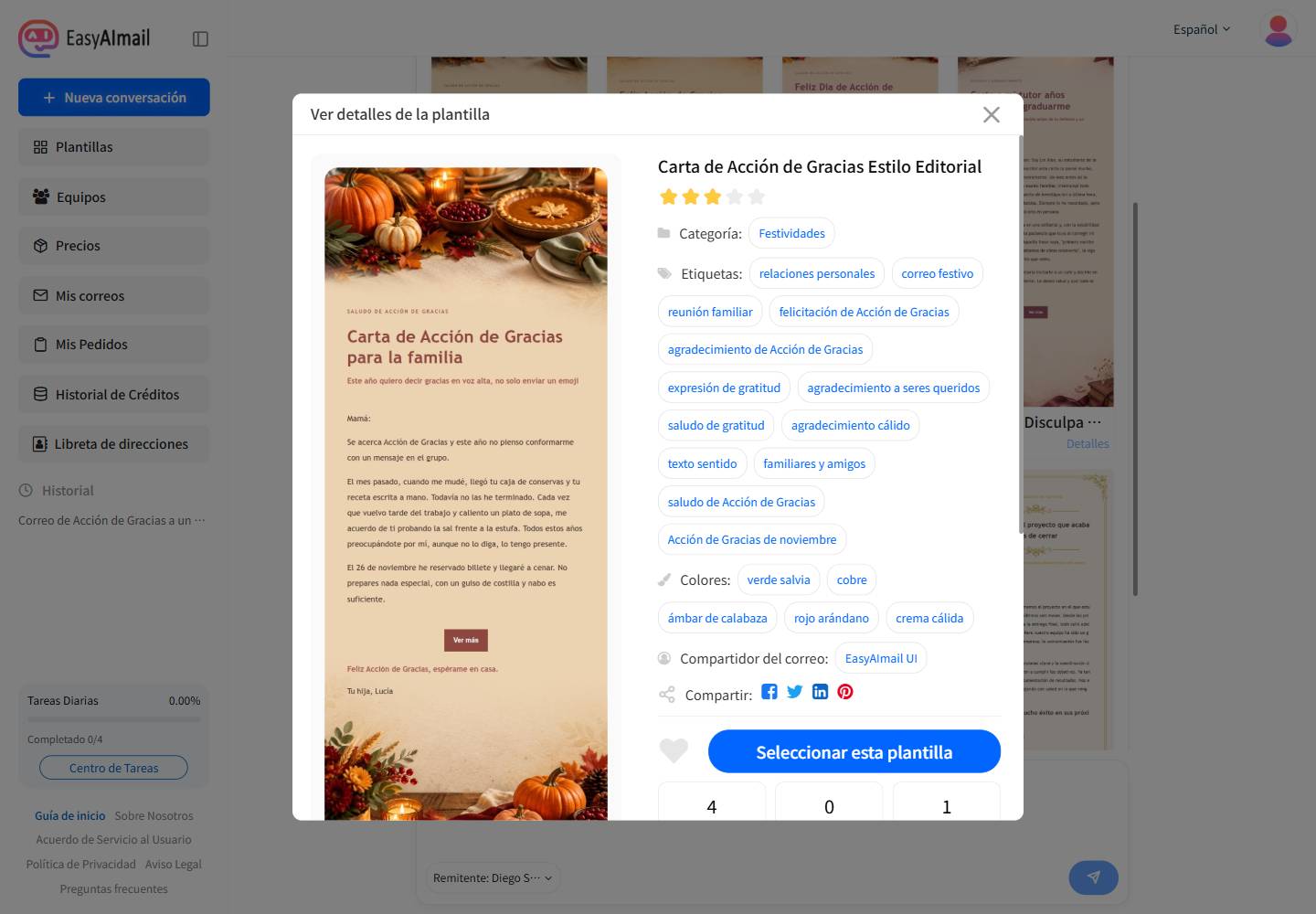 Detalles de la plantilla Carta de Acción de Gracias Estilo Editorial en la interfaz española de EasyAImail