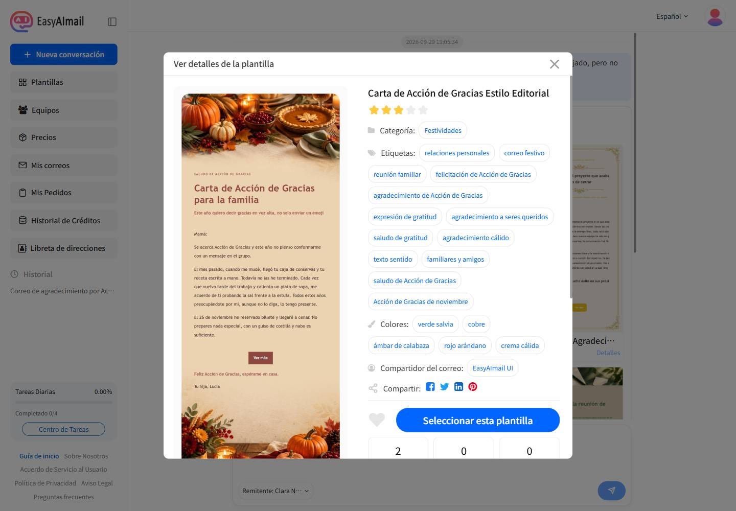 Detalles de la plantilla Carta de Acción de Gracias Estilo Editorial en la interfaz española de EasyAImail