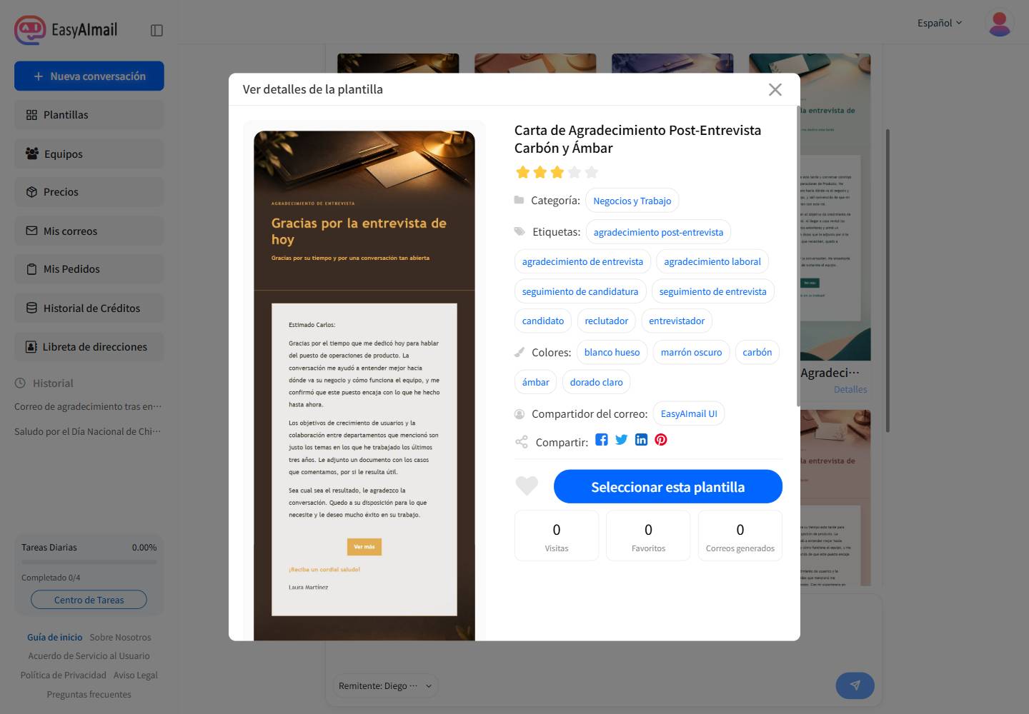 Detalles de la plantilla de agradecimiento tras una entrevista