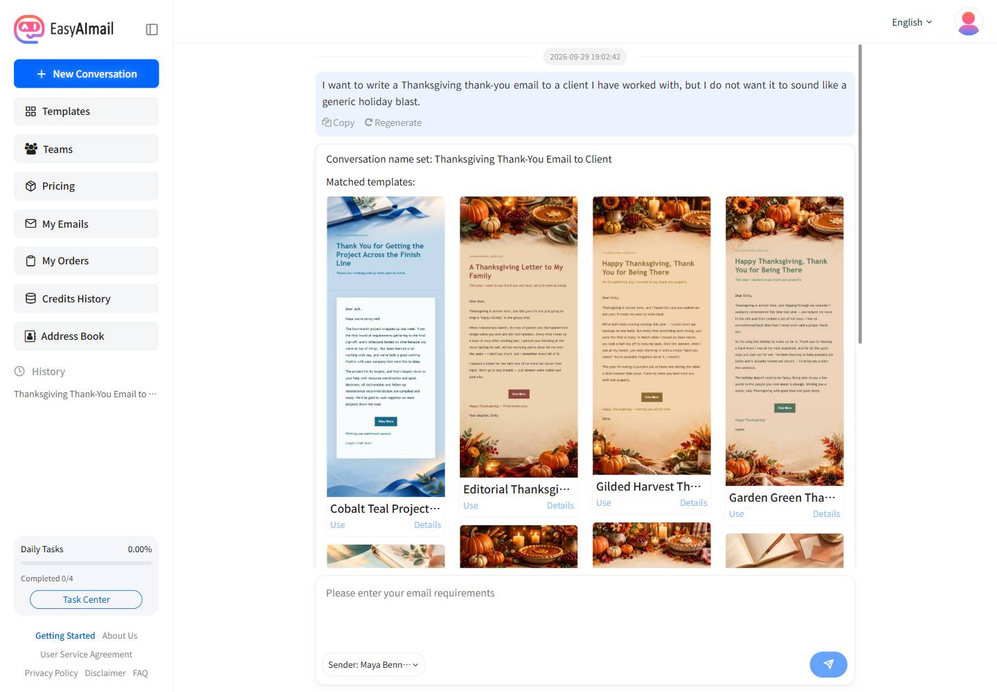Thanksgiving client thank-you email template recommendations in EasyAImail's English interface