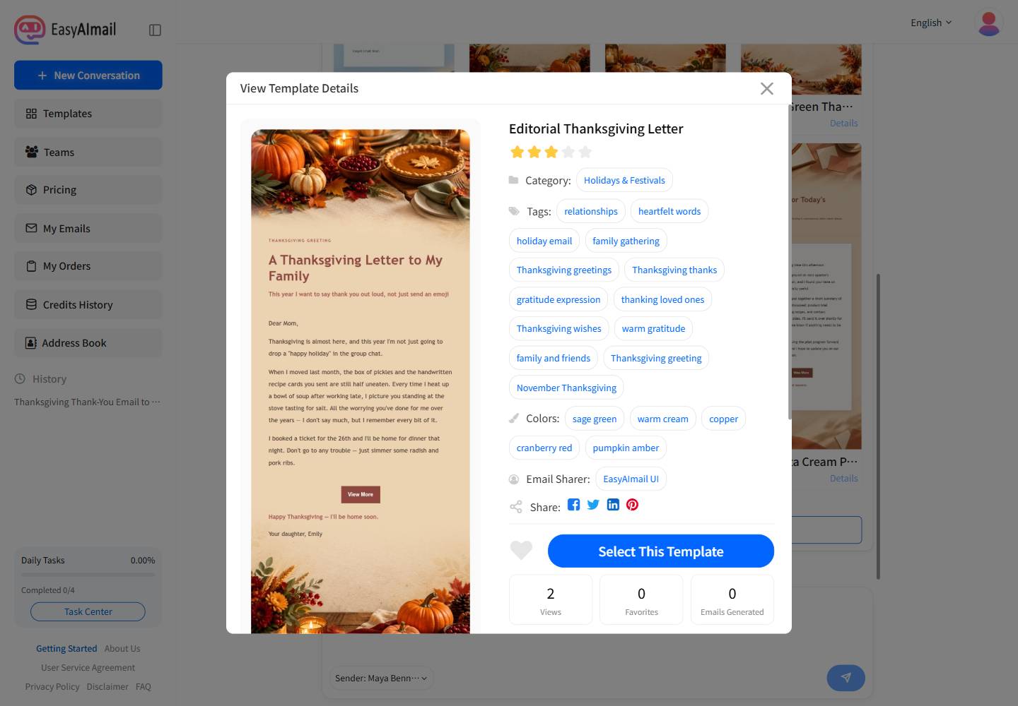 Editorial Thanksgiving Letter template details in EasyAImail's English interface