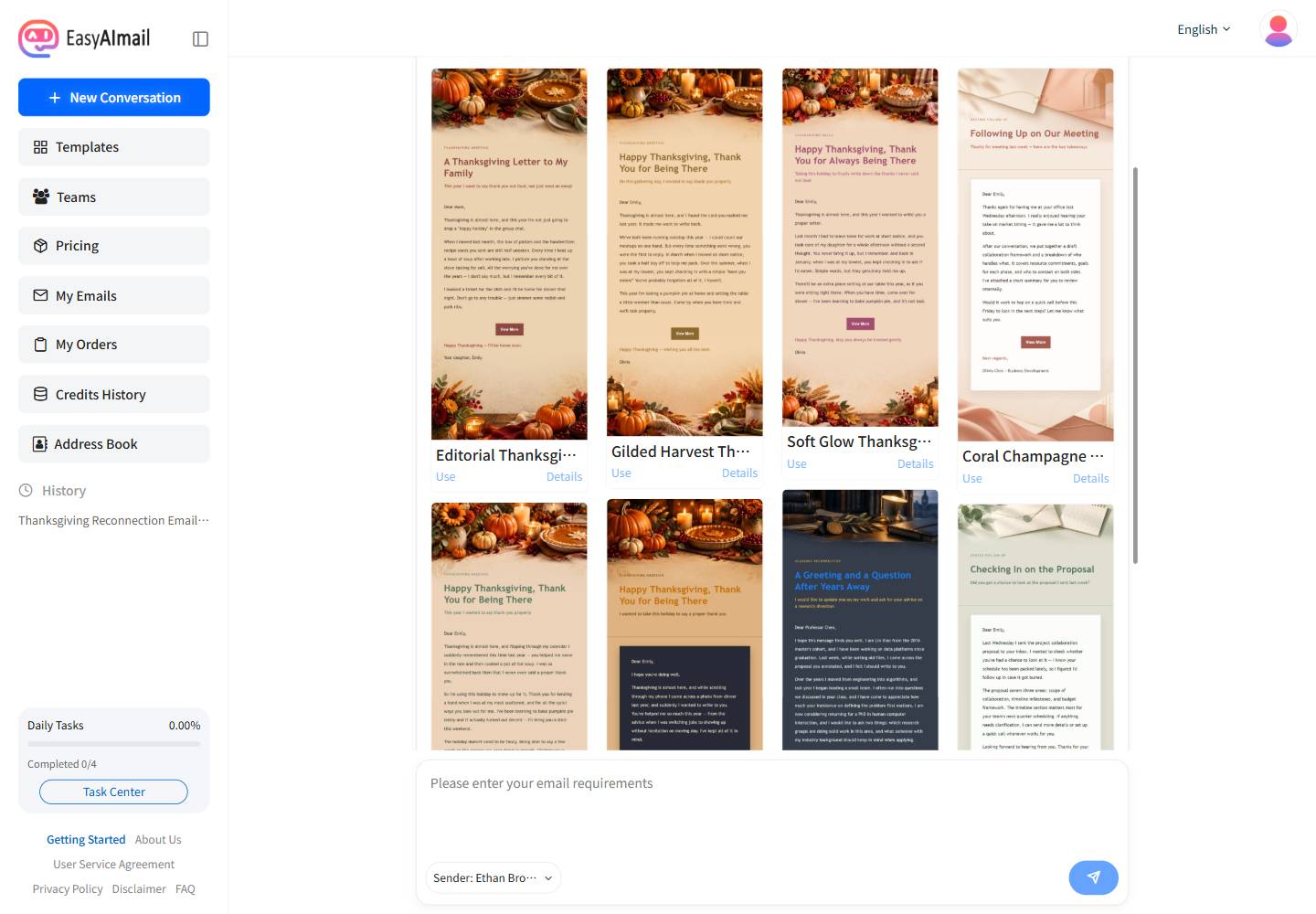 Thanksgiving client reconnection email template recommendations in EasyAImail's English interface
