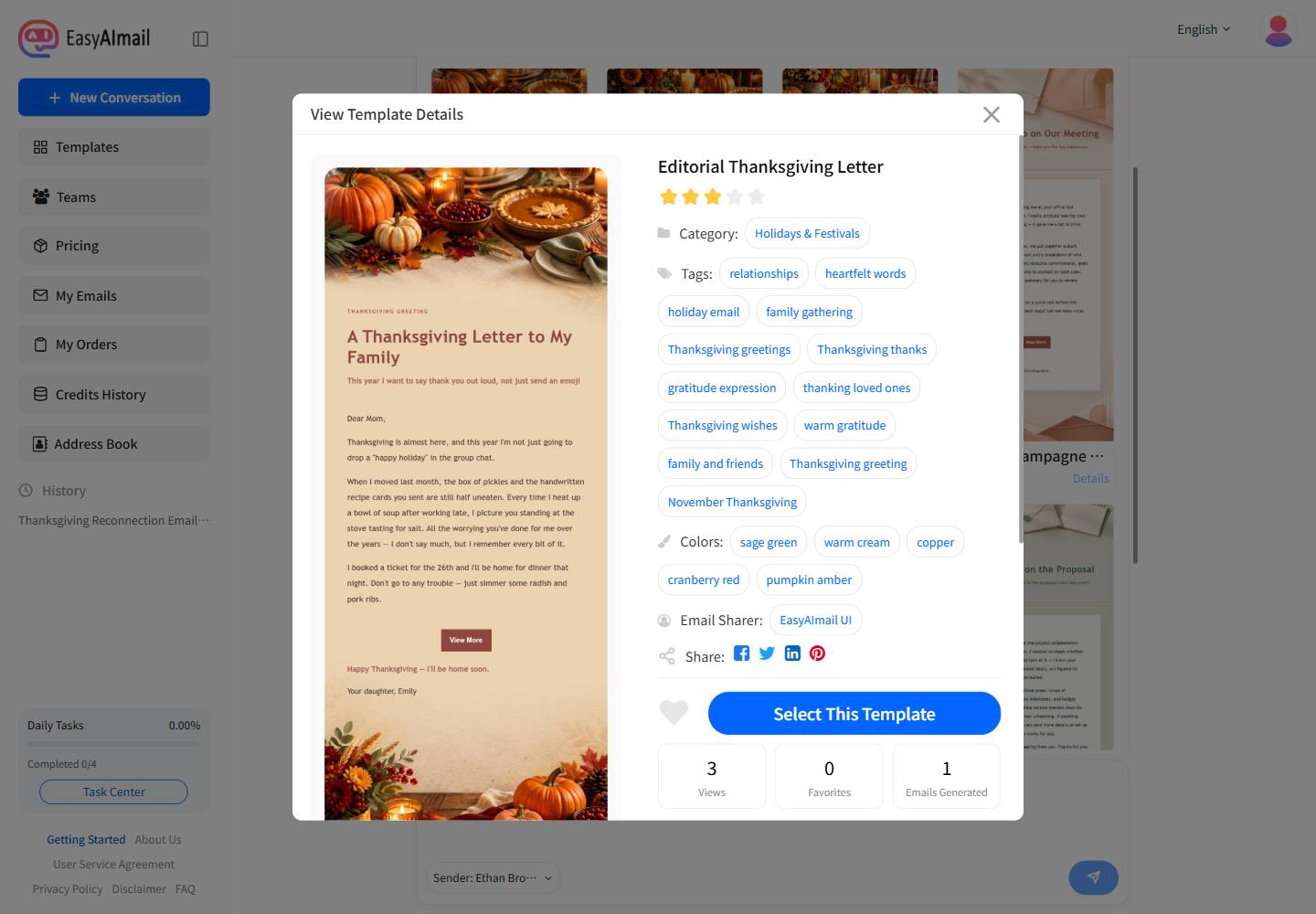 Editorial Thanksgiving Letter template details in EasyAImail's English interface