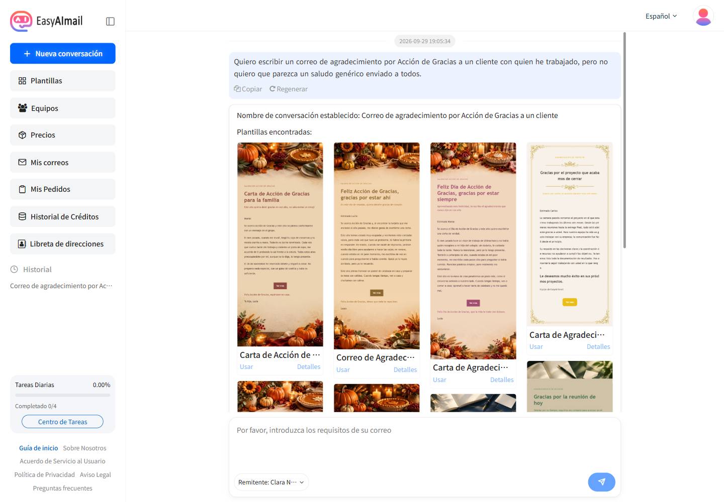 Recomendaciones de plantillas para agradecer a un cliente por Acción de Gracias en la interfaz española de EasyAImail