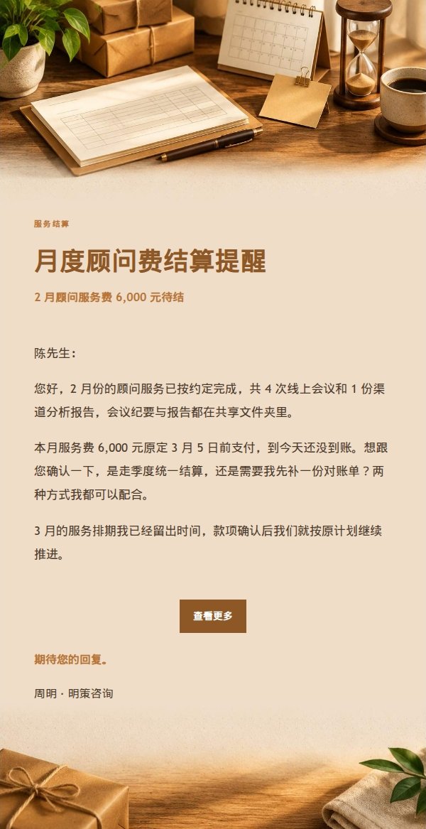 琥珀工作台温和催款提醒邮件 2