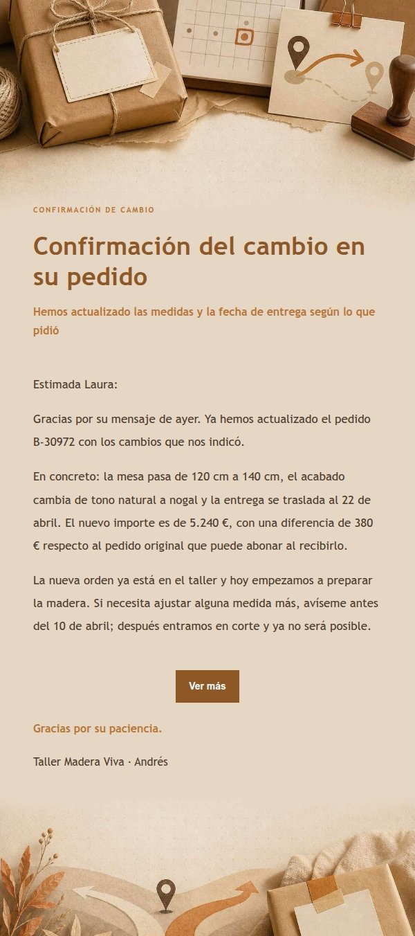Aviso de Retraso y Cambio de Pedido Estilo Taller Ámbar 2