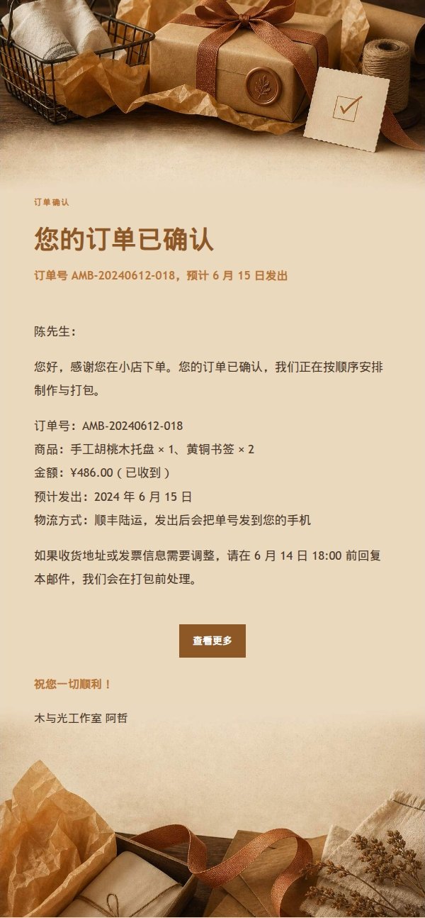 琥珀工作台订单确认邮件