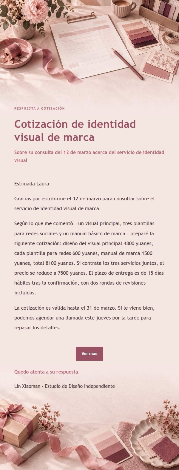 Correo de Respuesta a Cotización con Estilo Recibo Floral