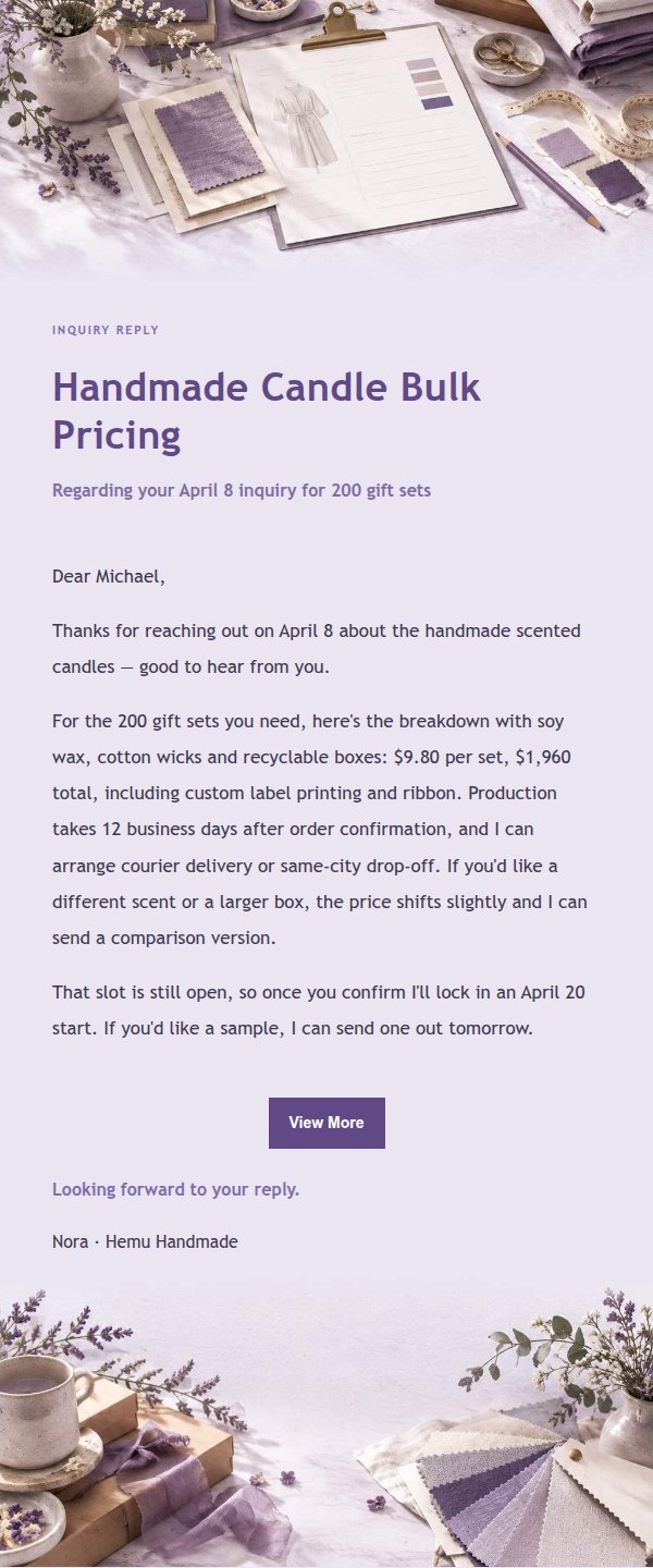Lilac Paper Quote & Inquiry Reply Email 2