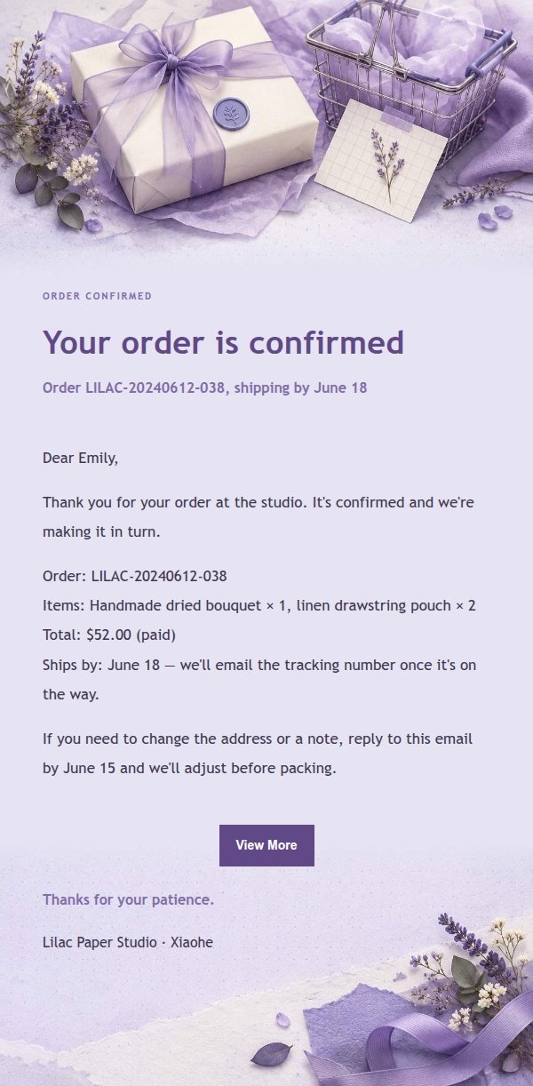 Lilac Paper Order Confirmation Email