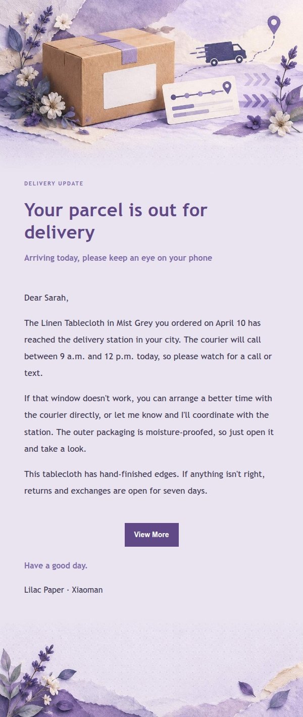 Lilac Paper Shipping & Delivery Notice Email 2