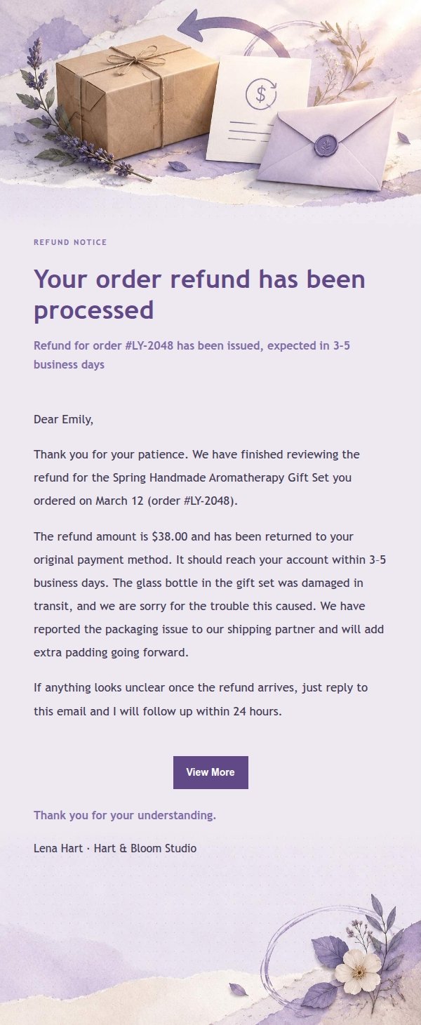 Lilac Paper Refund Notice Email