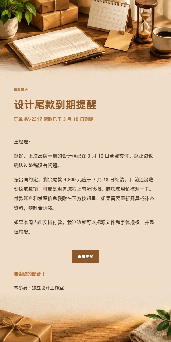 琥珀工作台温和催款提醒邮件