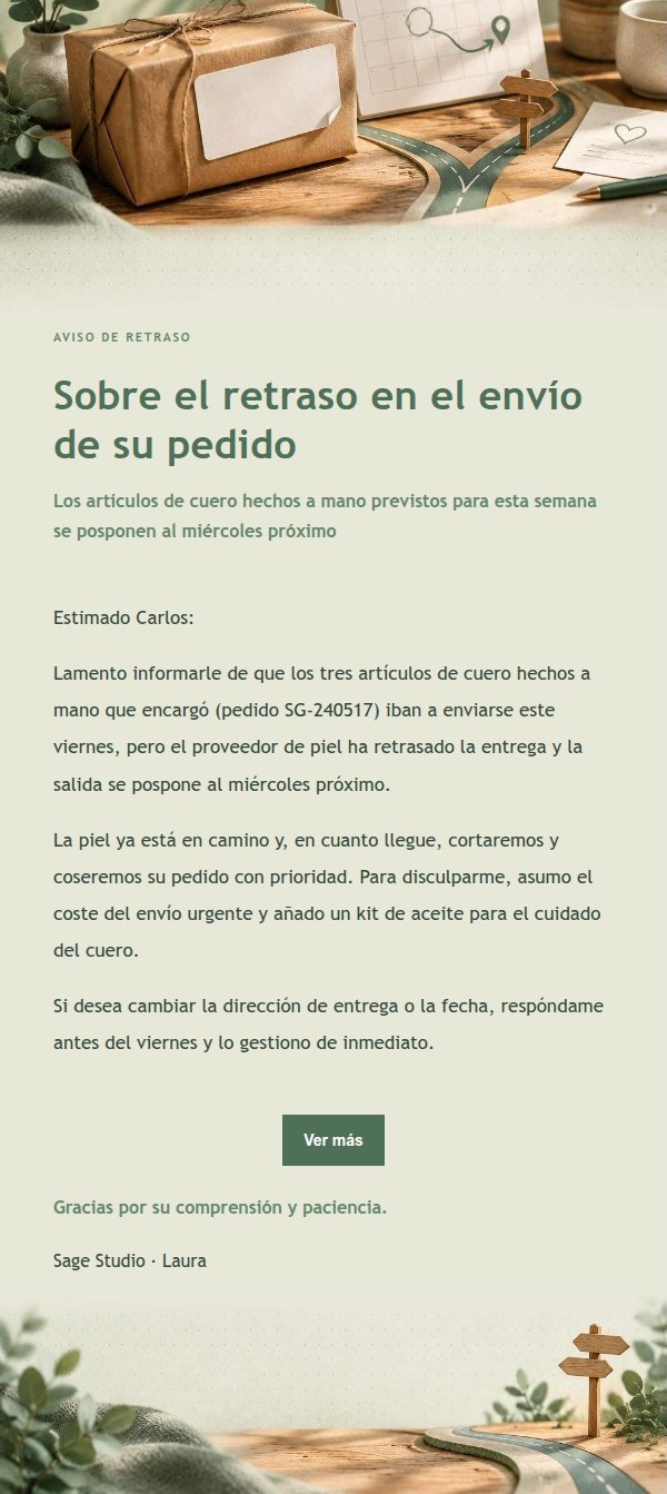 Aviso de Retraso y Cambio de Pedido Estilo Sage Studio