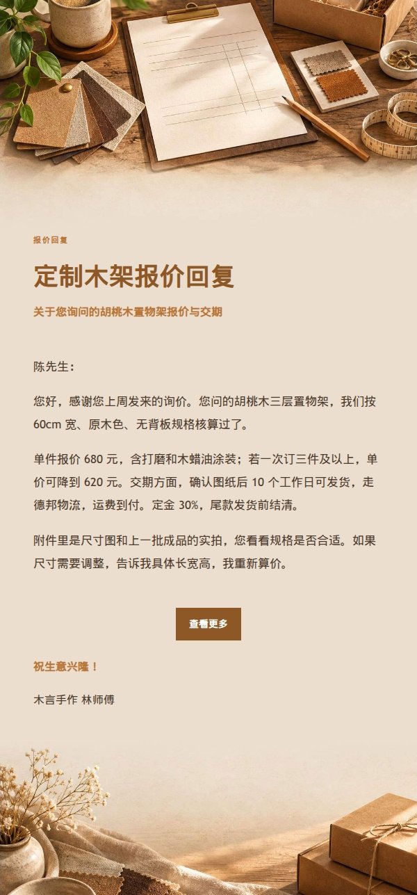 琥珀工作台报价询盘回复邮件