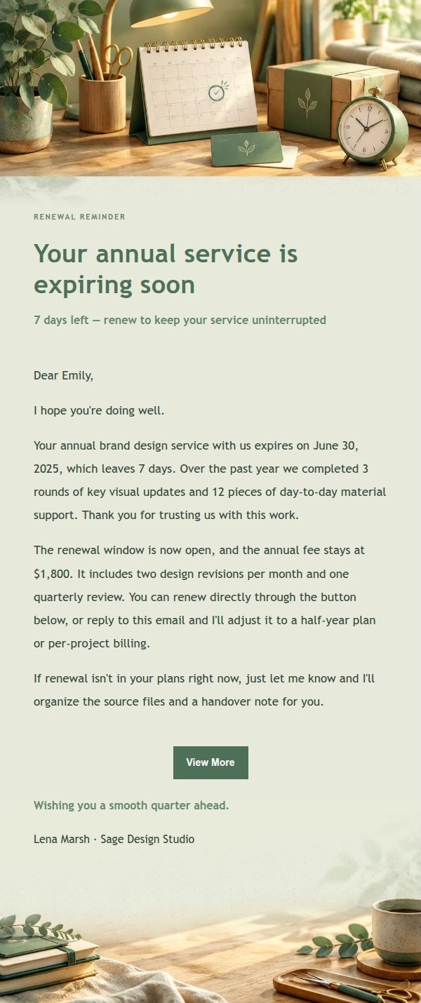 Sage Studio Renewal Reminder Email