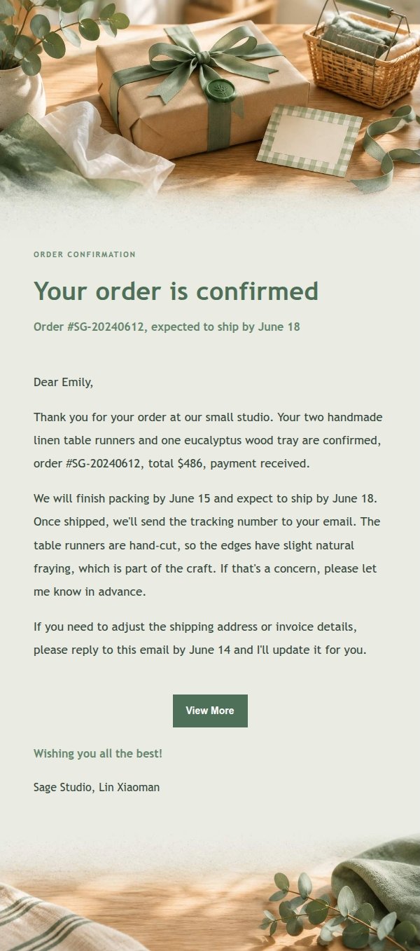 Sage Studio Order Confirmation Email