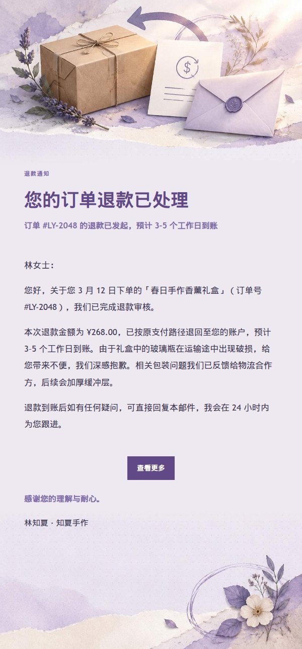 丁香纸品退款通知邮件