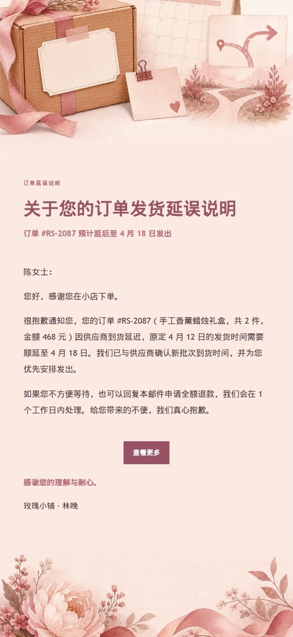 玫瑰收据订单延误变更通知邮件