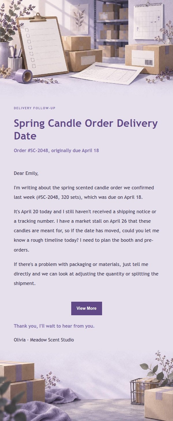 Lilac Paper Supplier Delivery Follow-Up Email