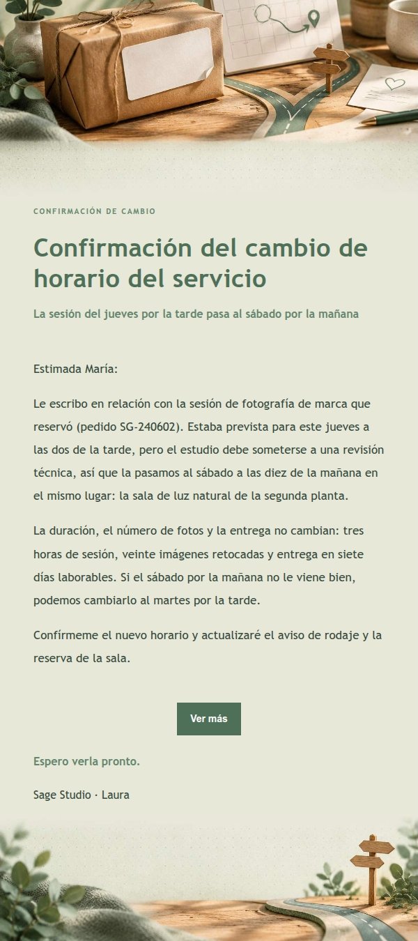 Aviso de Retraso y Cambio de Pedido Estilo Sage Studio 2