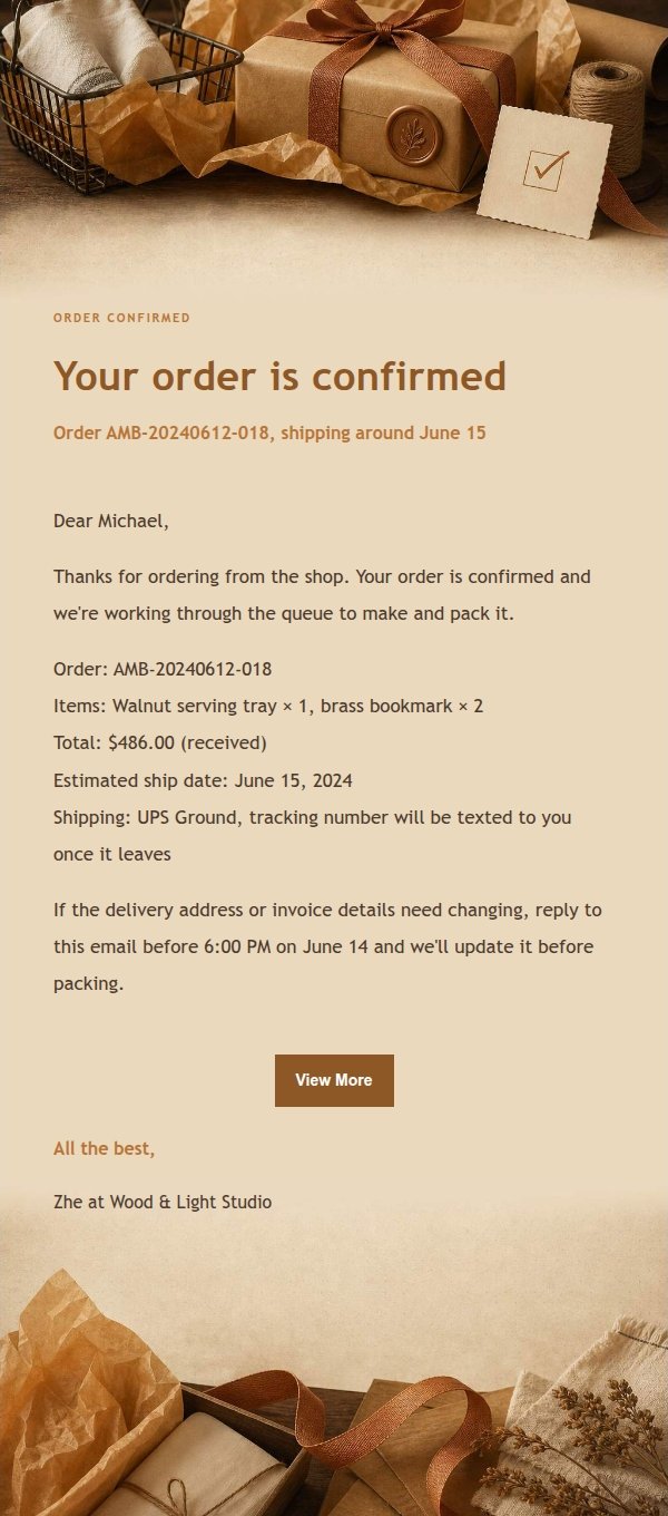 Amber Workbench Order Confirmation