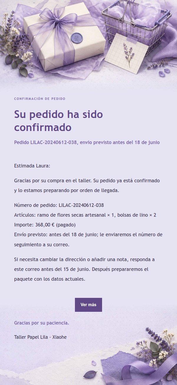 Confirmación de Pedido Estilo Papel Lila