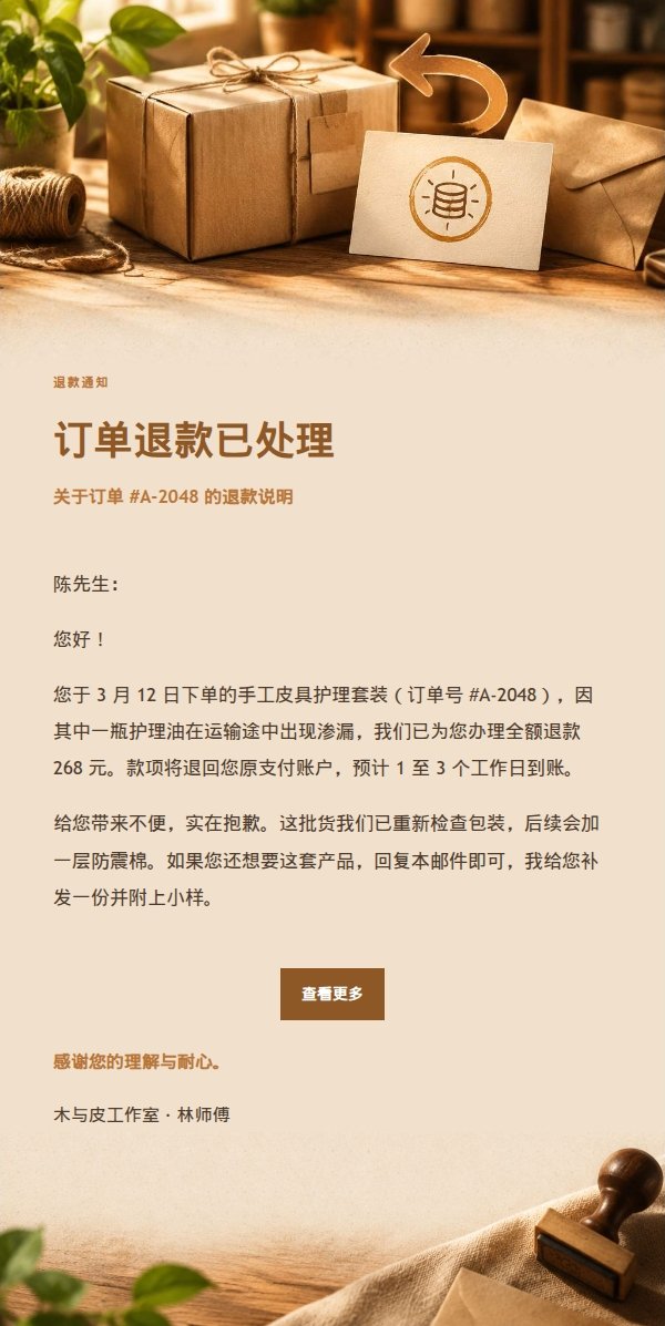 琥珀工作台退款通知邮件