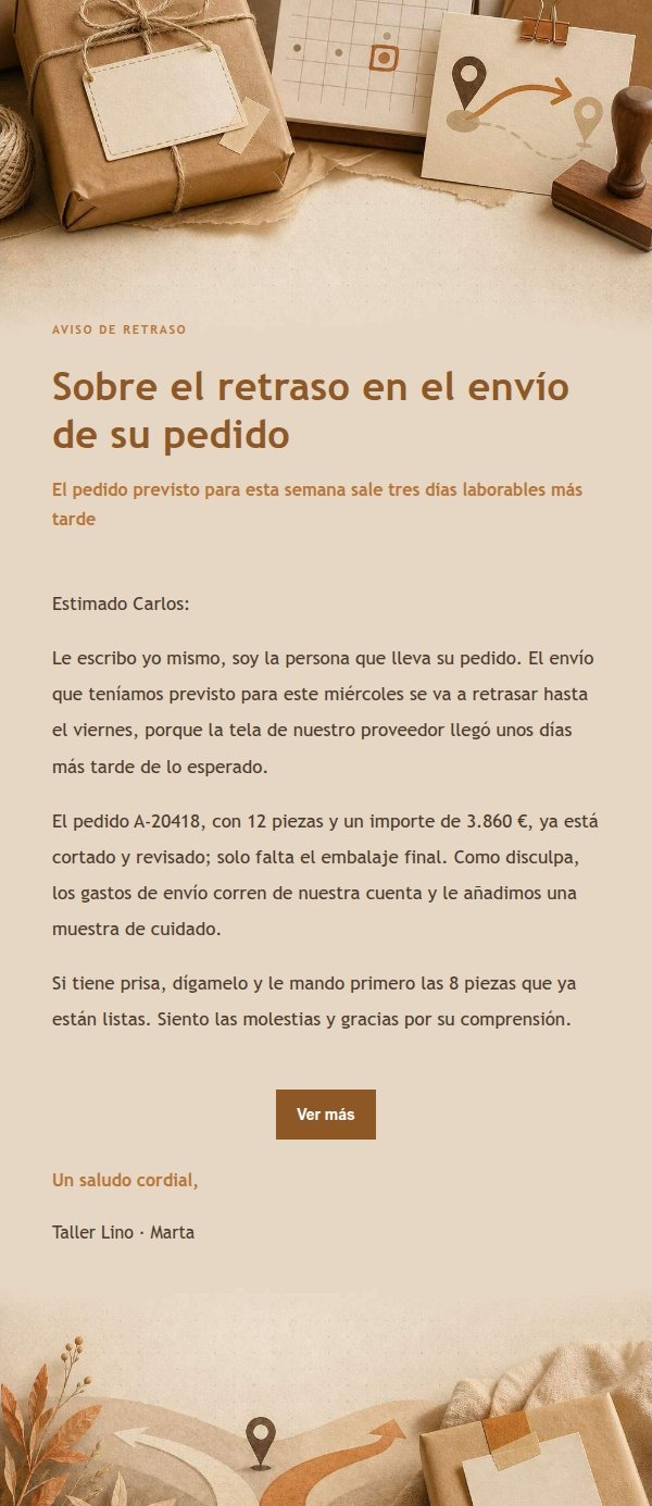 Aviso de Retraso y Cambio de Pedido Estilo Taller Ámbar