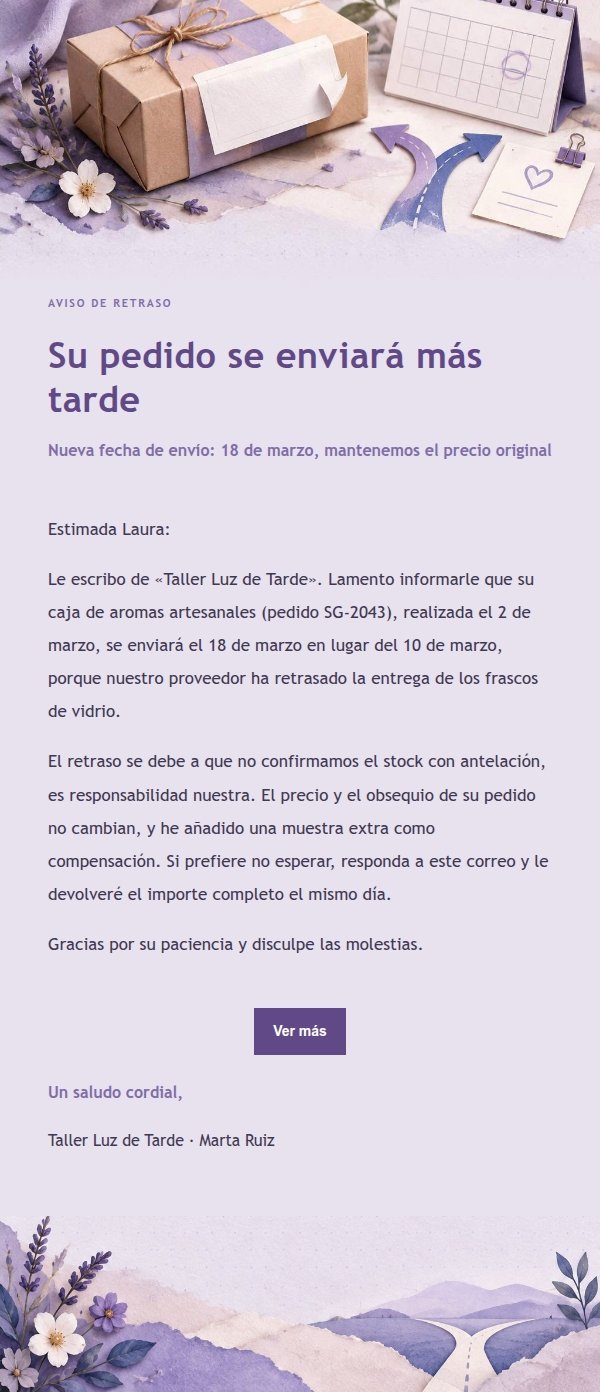 Aviso de Retraso y Cambio de Pedido Estilo Papel Lila