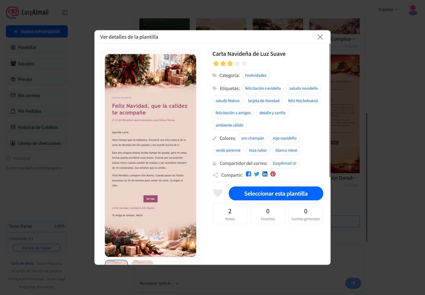 Detalles de la plantilla Carta Navideña de Luz Suave en EasyAImail