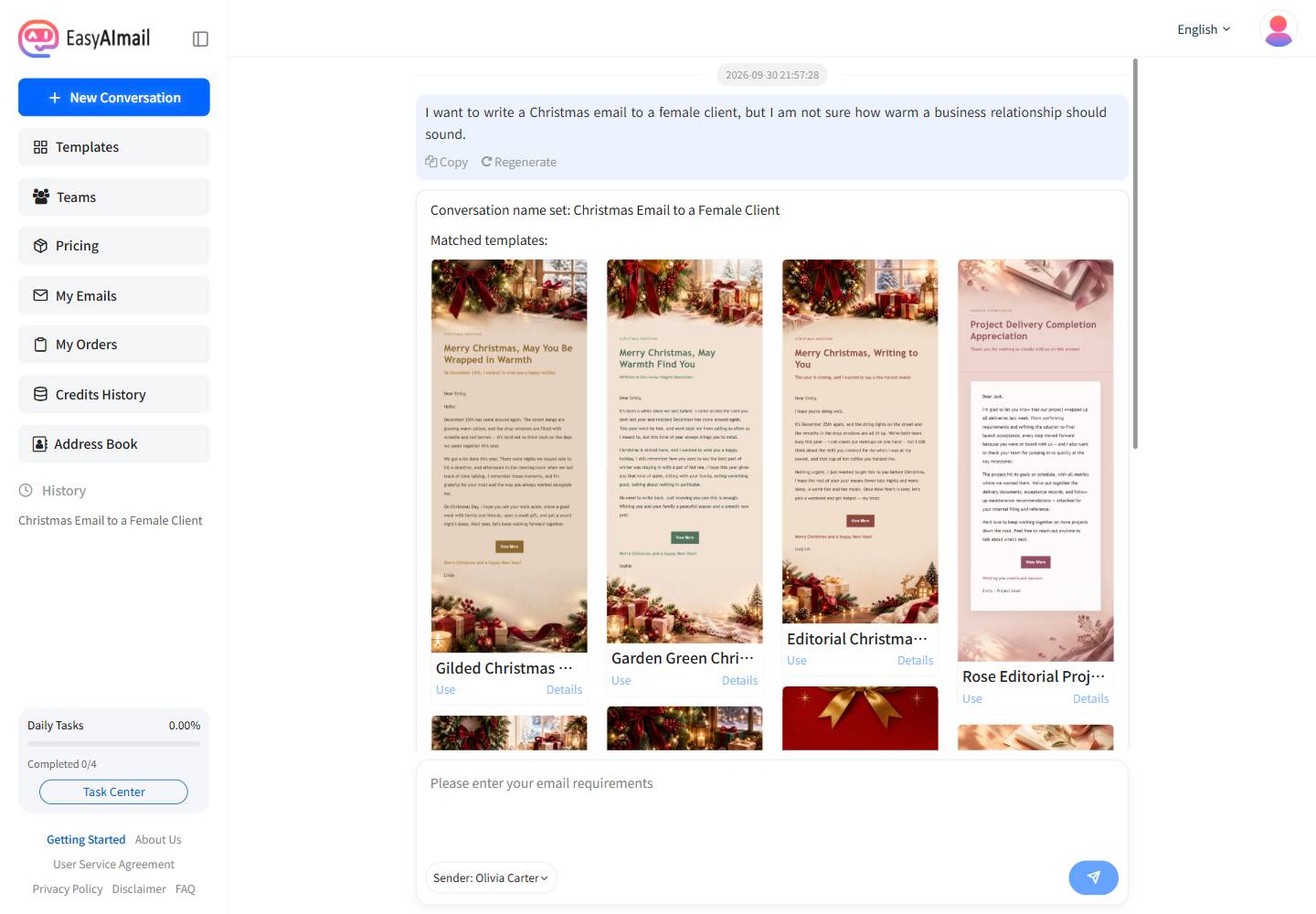 Business Christmas email template recommendations in EasyAImail's English interface