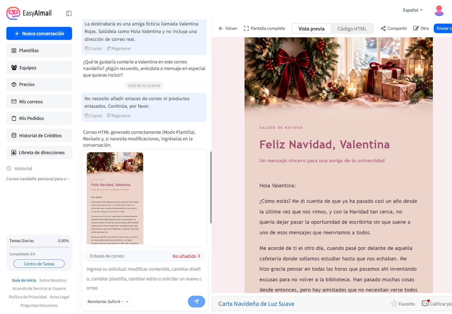 Vista previa del correo de felicitación navideña generado en la interfaz en español de EasyAImail