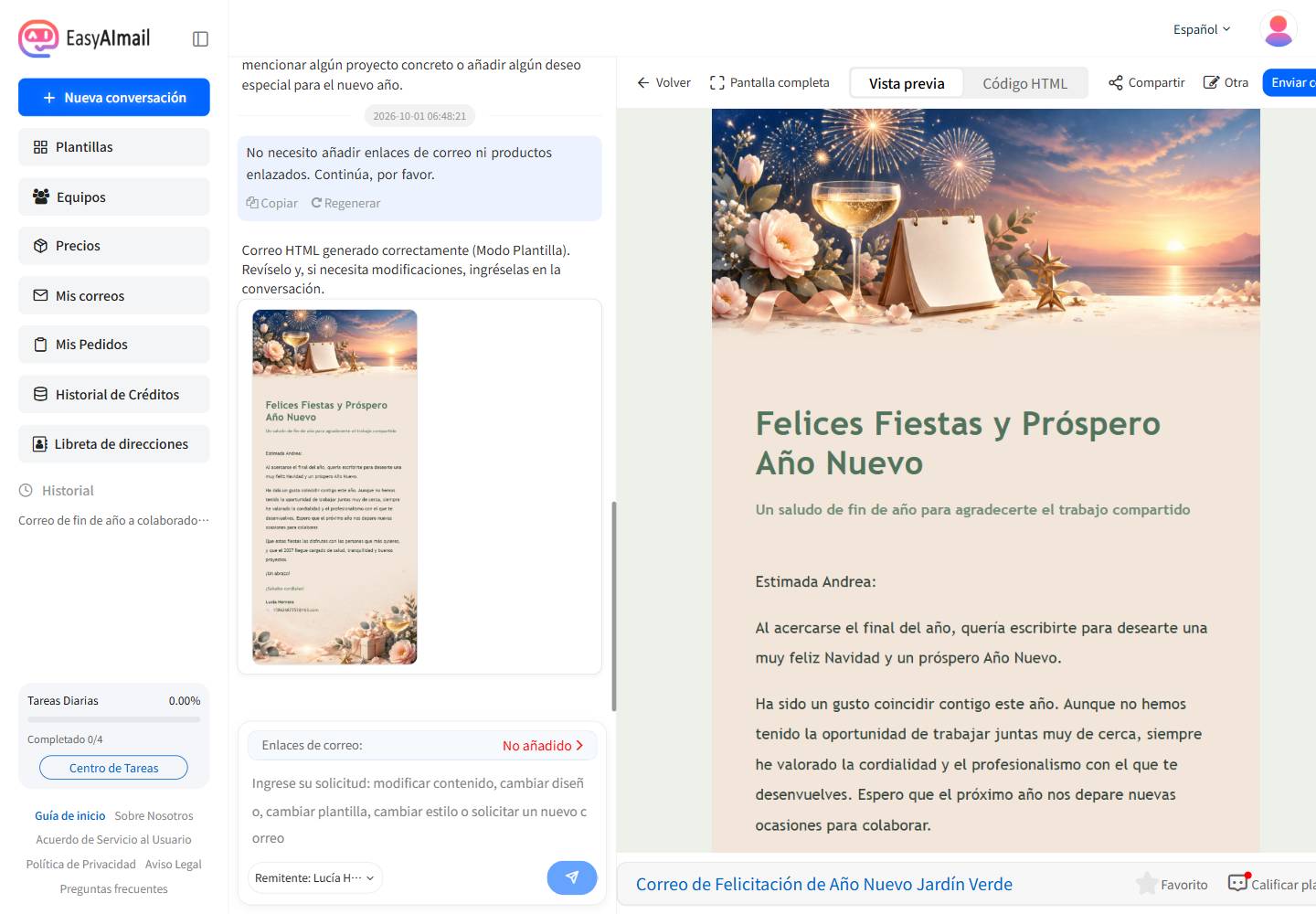 Vista previa del correo de Navidad y Año Nuevo generado en la interfaz en español de EasyAImail