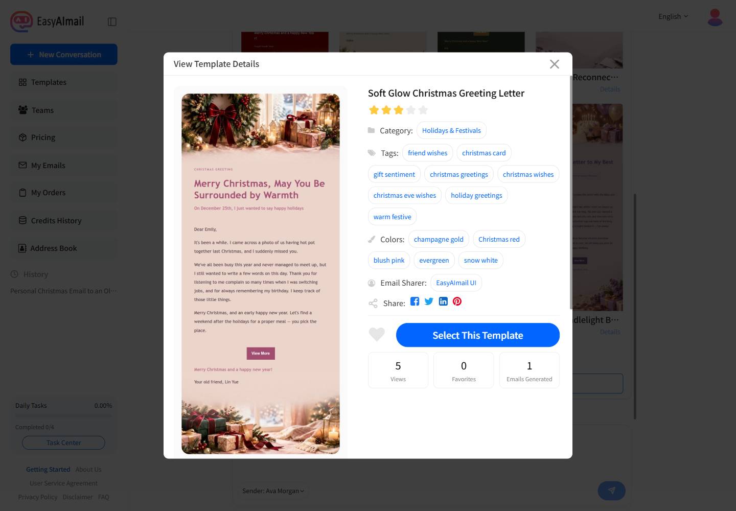 Soft Glow Christmas Greeting Letter template details in EasyAImail