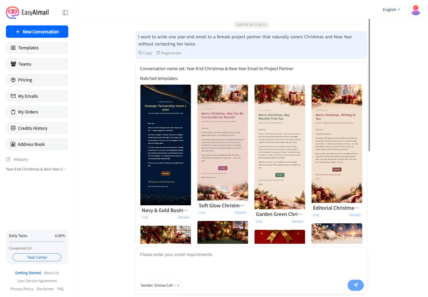 Holiday and Christmas email template recommendations in EasyAImail's English interface
