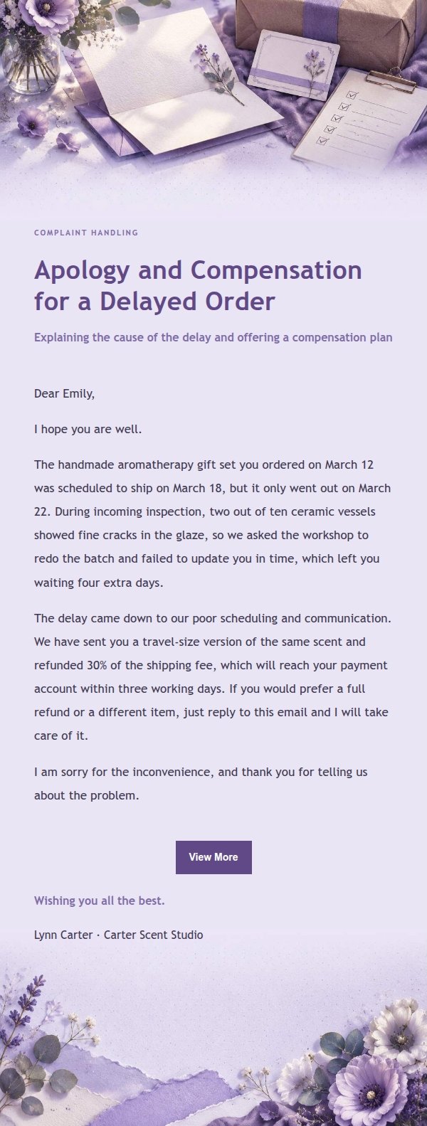 Lilac Paper Complaint Apology Email