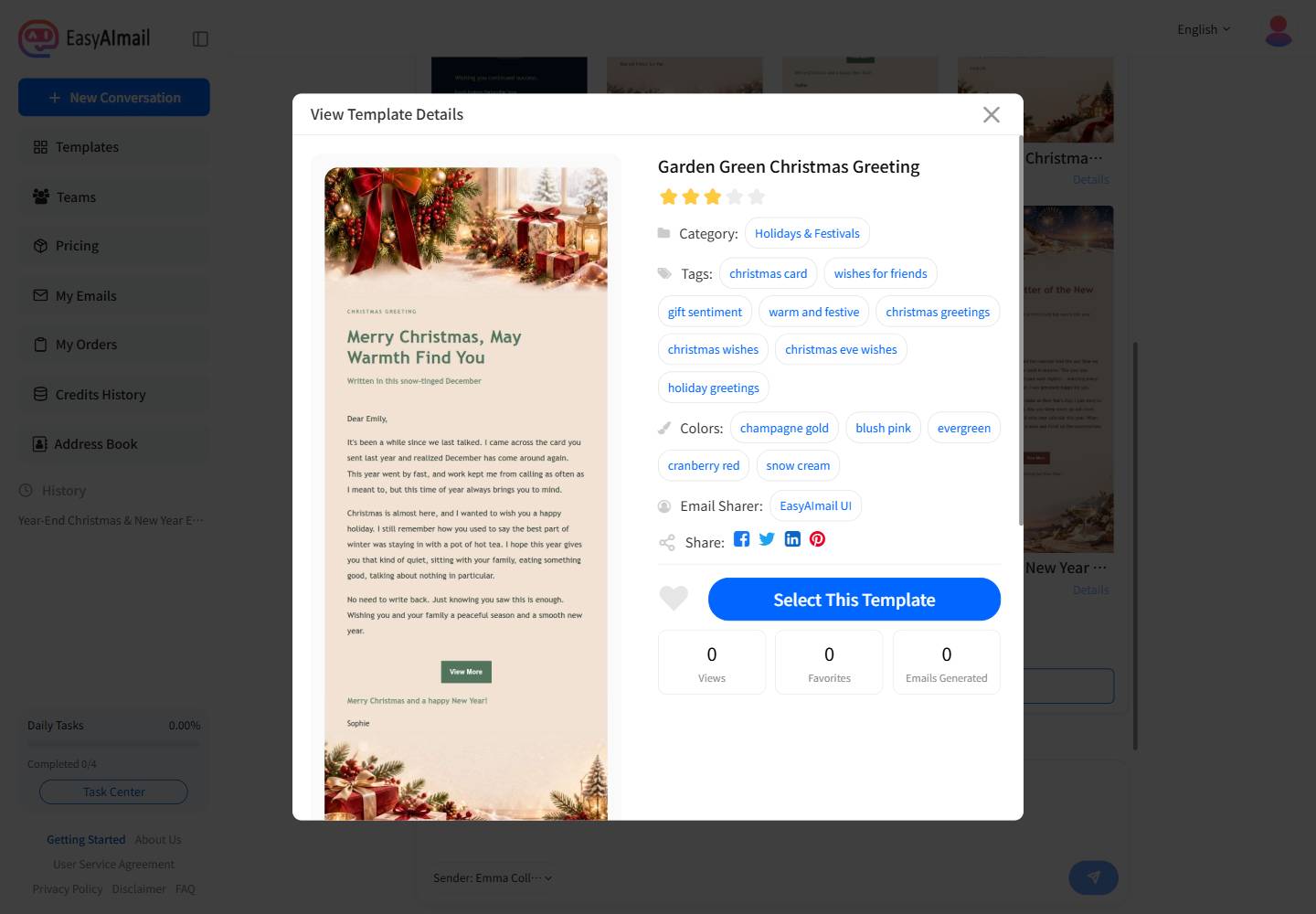 Garden Green Christmas Greeting template details in EasyAImail for a gentle year-end note