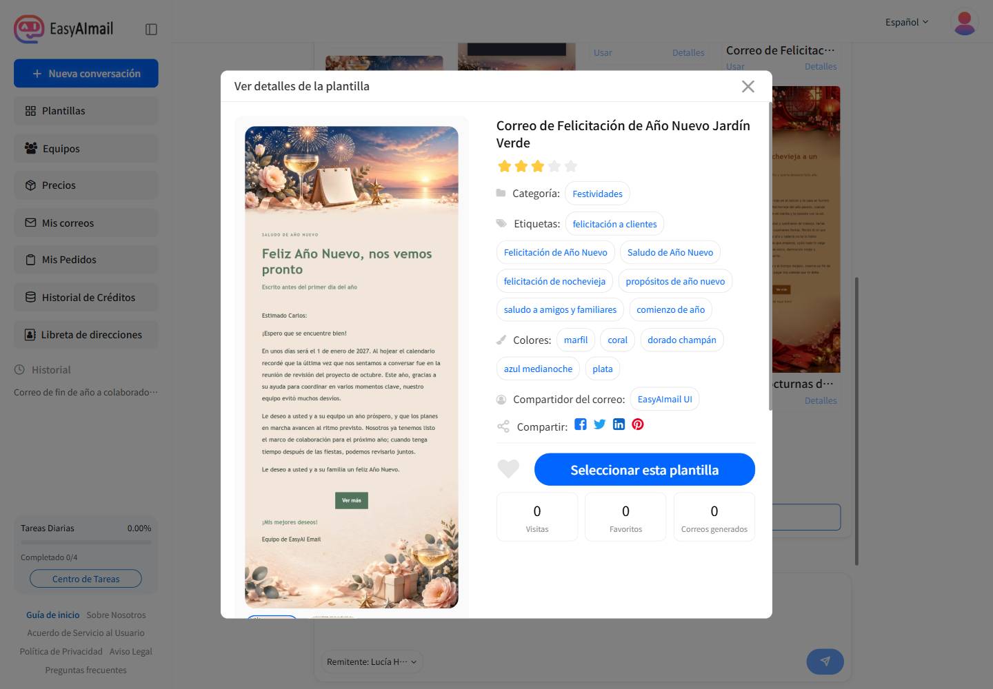 Detalles de la plantilla Carta Navideña Jardín Verde en EasyAImail para un saludo tranquilo de fin de año