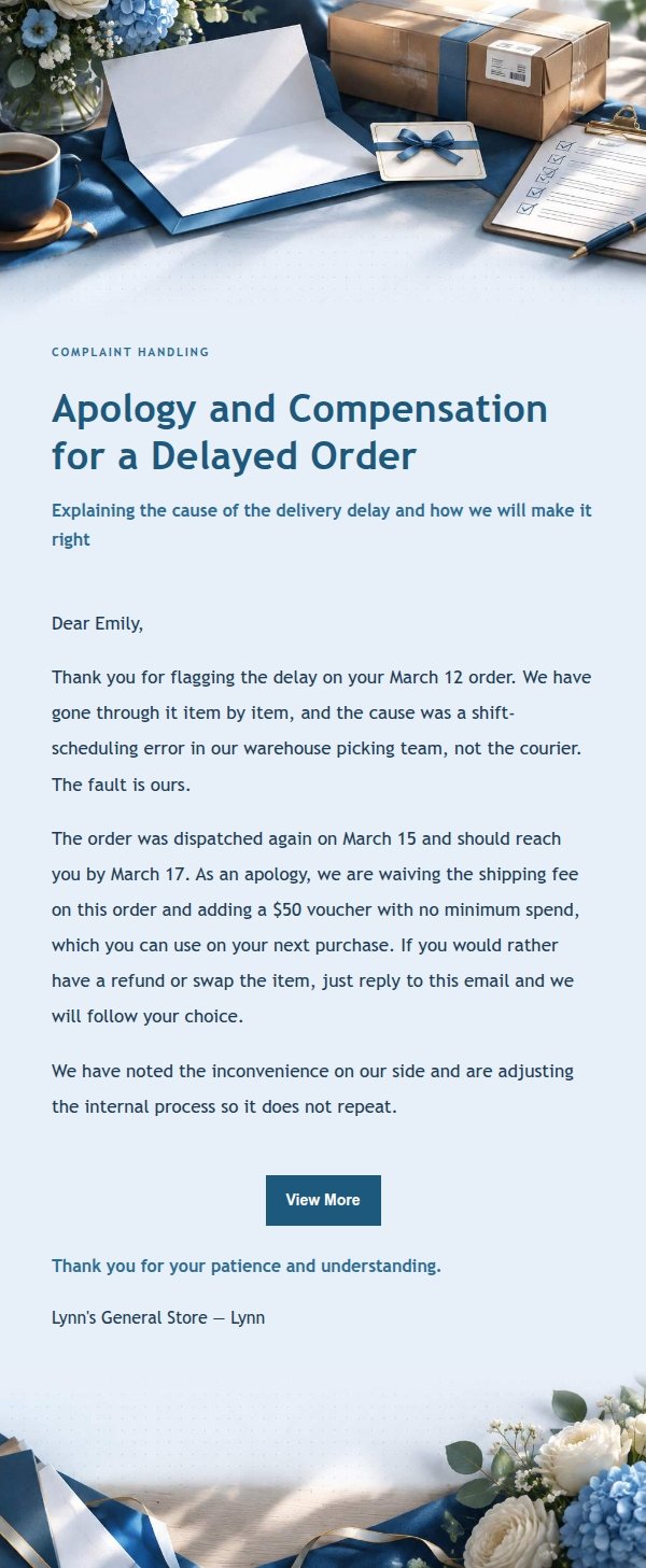 Deep Navy Ledger Complaint Apology Email