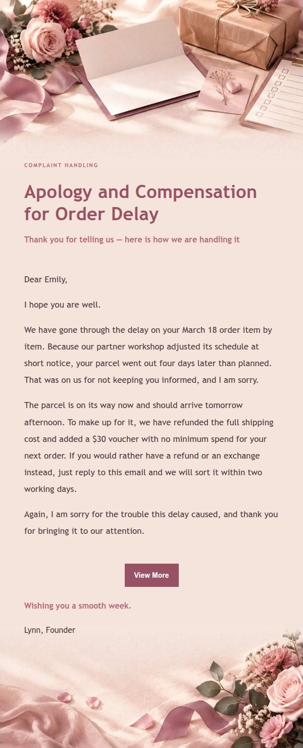 Rose Receipt Apology & Resolution Email