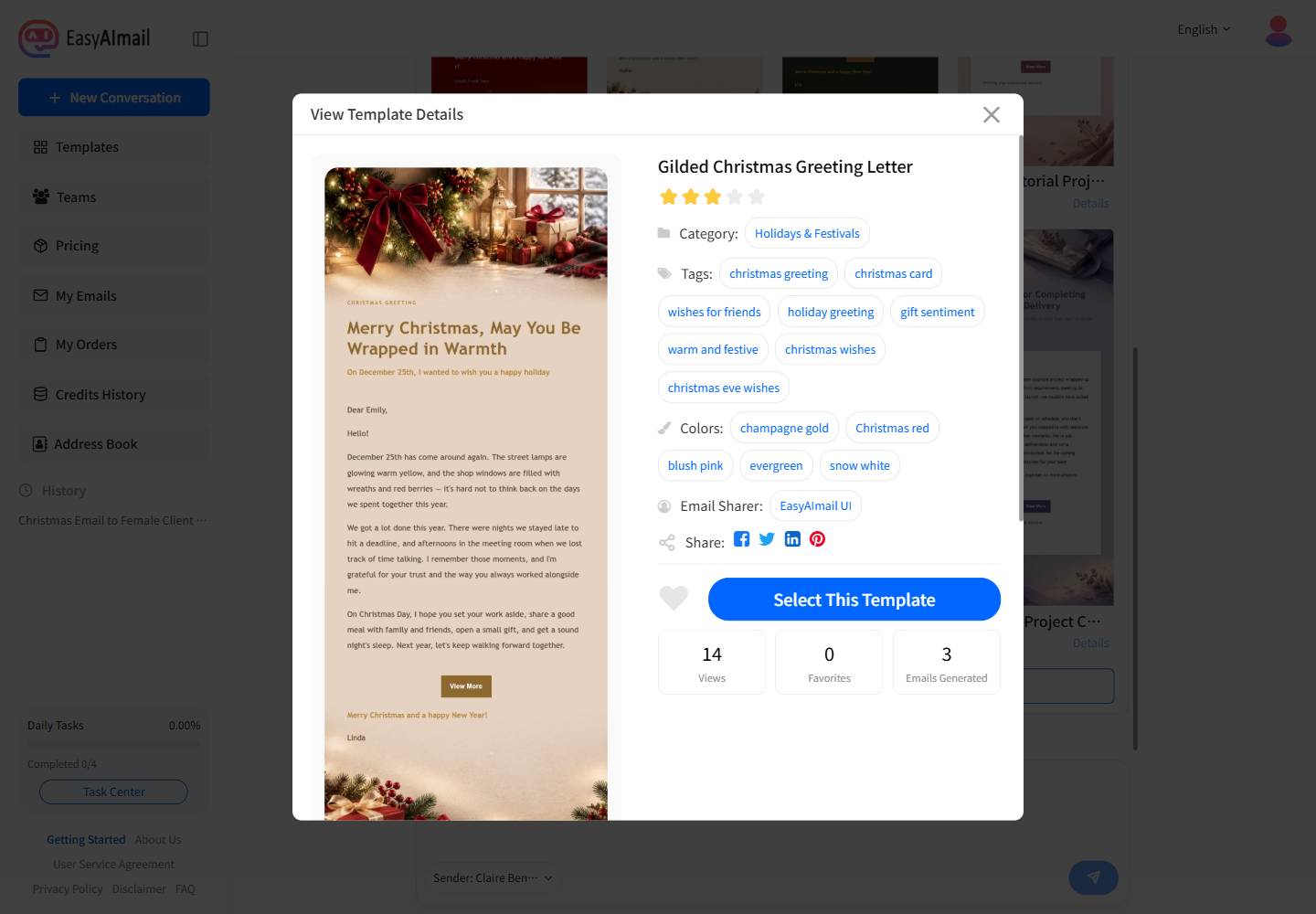 Gilded Christmas Greeting Letter template details in EasyAImail