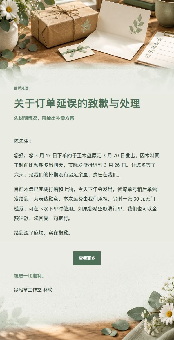 鼠尾草工作室投诉处理道歉信