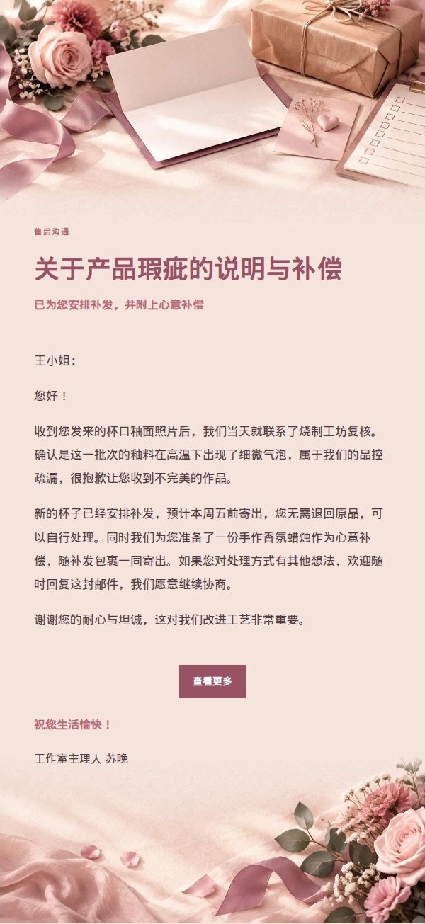 玫瑰收据投诉处理道歉补偿邮件 2