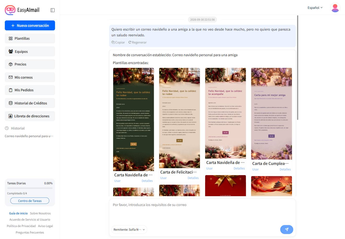 Plantillas recomendadas para un correo navideño en la interfaz en español de EasyAImail