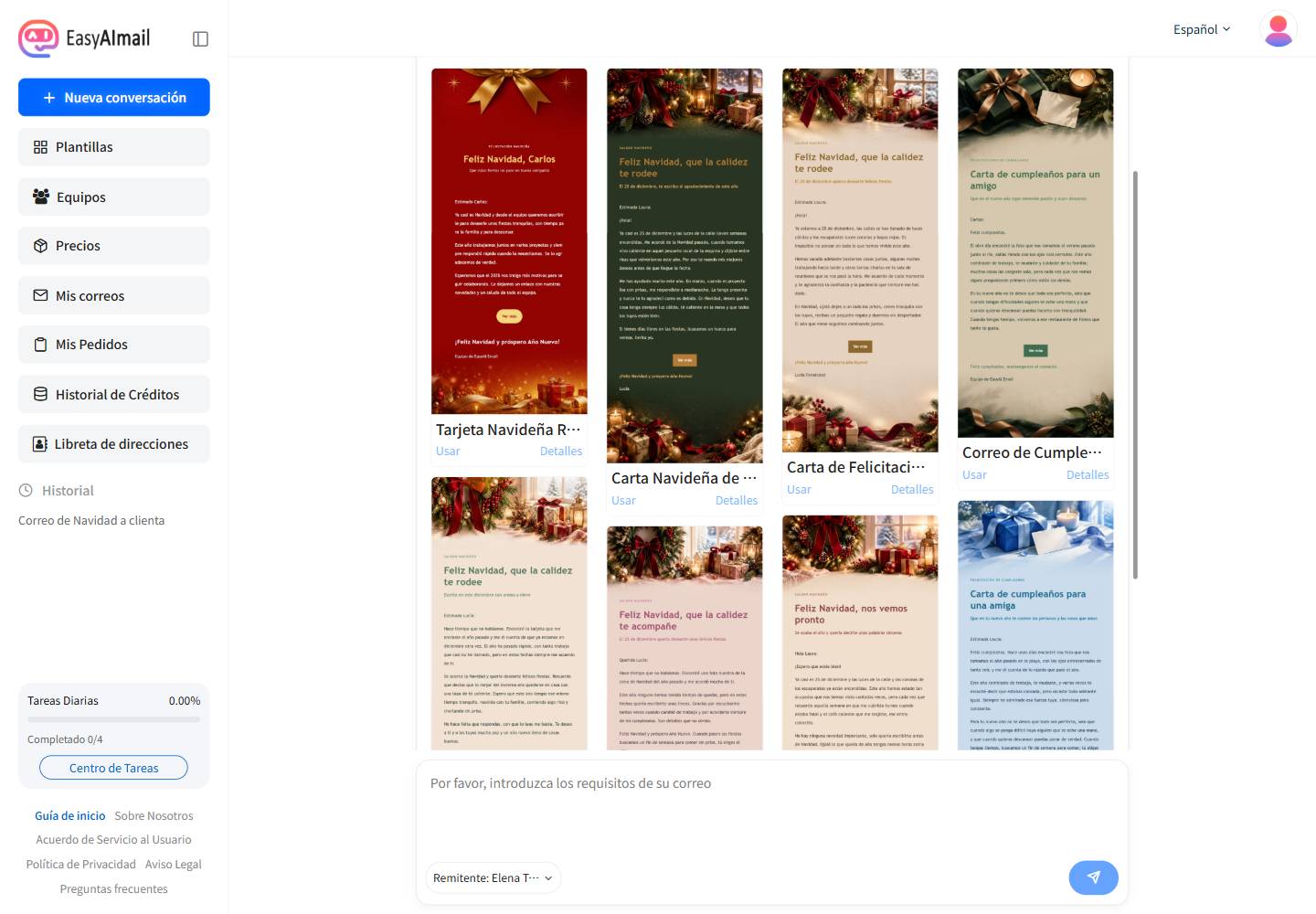 Plantillas de correo navideño para empresas recomendadas en la interfaz en español de EasyAImail
