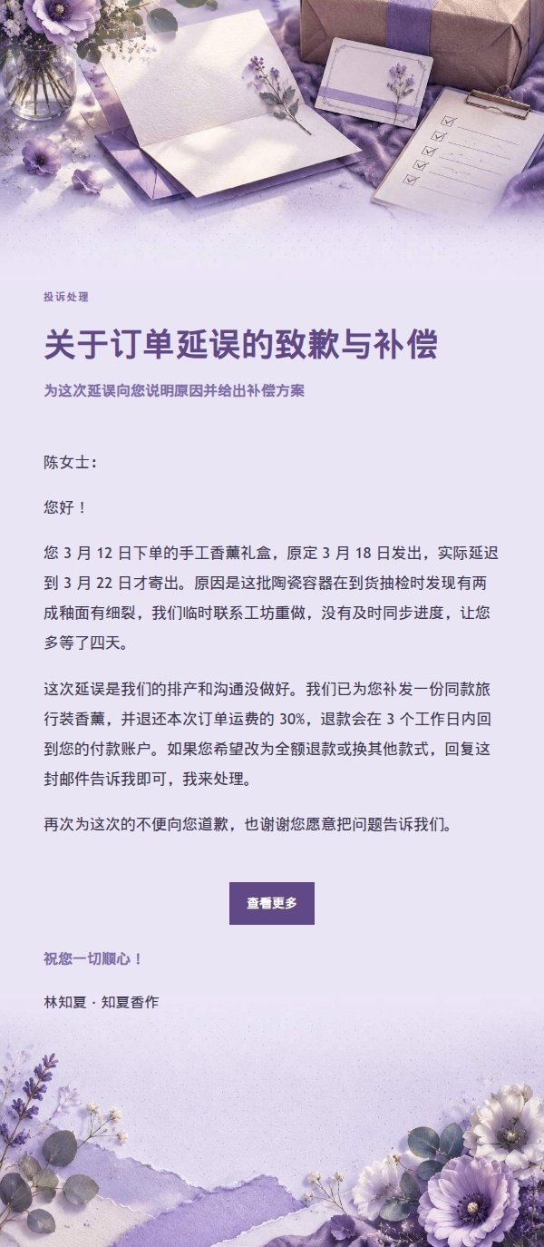 丁香纸品投诉处理道歉补偿邮件
