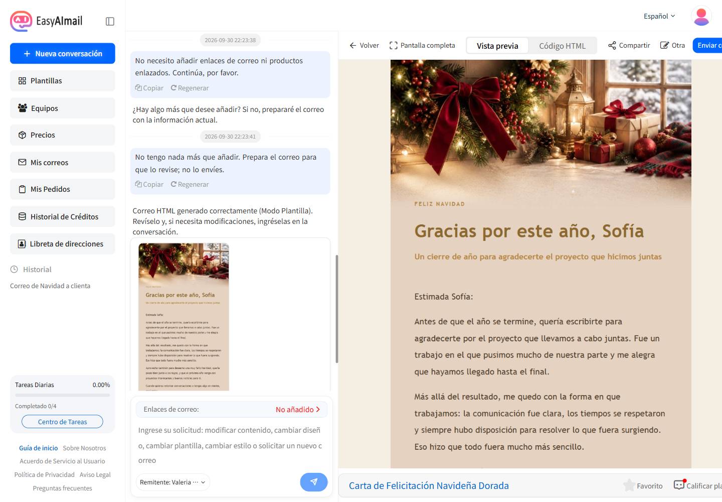 Vista previa del correo de Navidad generado en la interfaz en español de EasyAImail