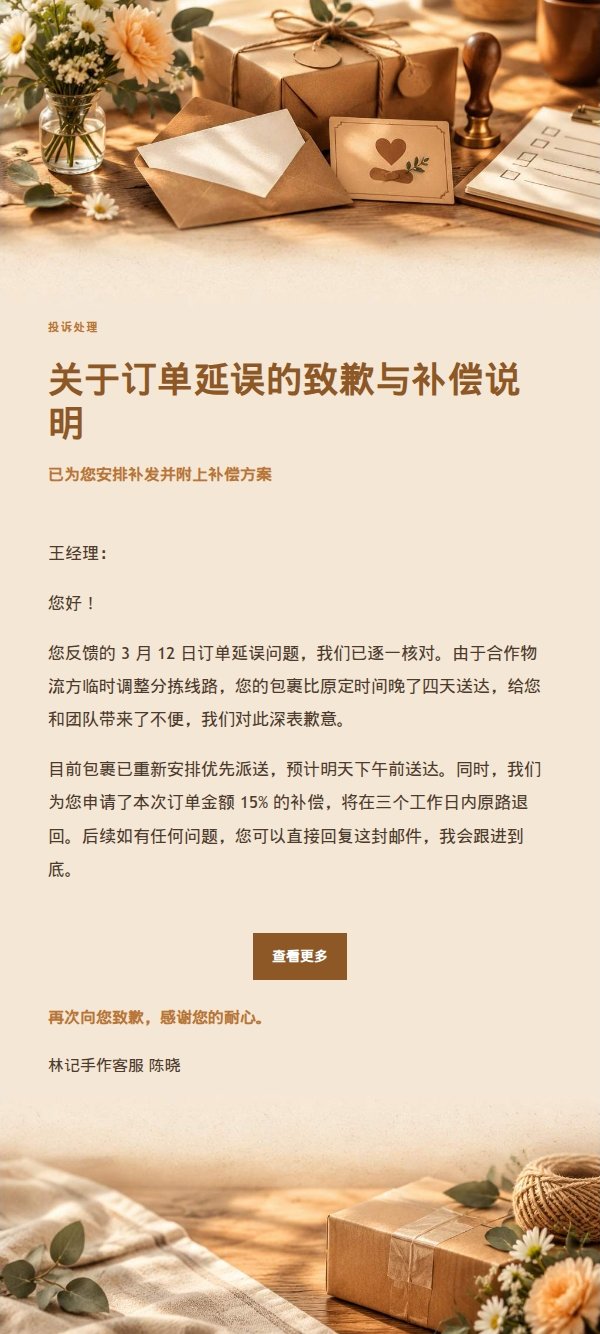琥珀工作台投诉处理道歉补偿邮件